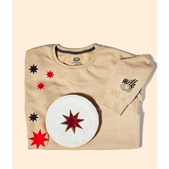 Milk Bar x Fruit of the Loom Limited Wdition Joliday Starburst Crew, tan size M - Picture 1 of 8